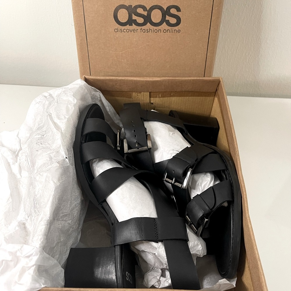 NEW! ASOS HABIT Leather Buckle Straps Low Heeled Sandals - Black / US 11. - Picture 6 of 6